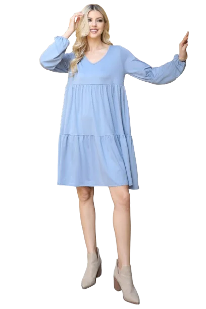 Solid V Neck Elastic Detail Sleeve Tiered Dress Dusty Blue - Pack of 6