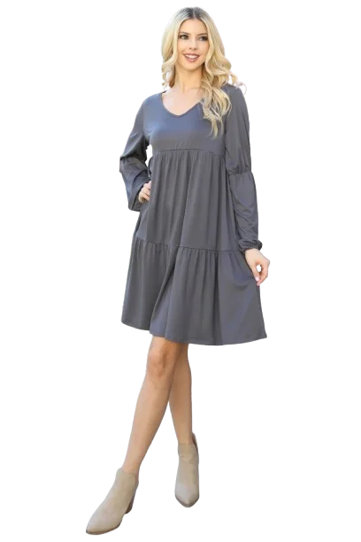 Solid V Neck Elastic Detail Sleeve Tiered Dress Gray Dark - Pack of 6