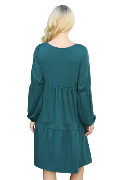 Solid V Neck Elastic Detail Sleeve Tiered Dress Hunter - Pack of 6