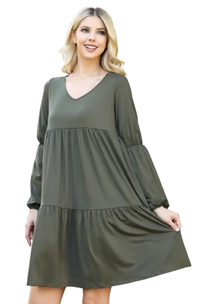 Solid V Neck Elastic Detail Sleeve Tiered Dress Olive - Pack of 6