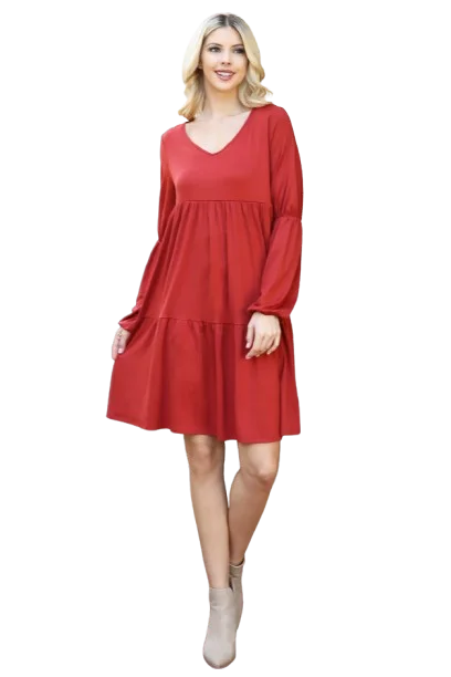Solid V Neck Elastic Detail Sleeve Tiered Dress Rust - Pack of 6