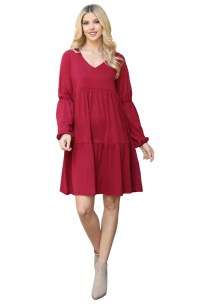 Solid V Neck Elastic Detail Sleeve Tiered Dress Wine - Pack of 6