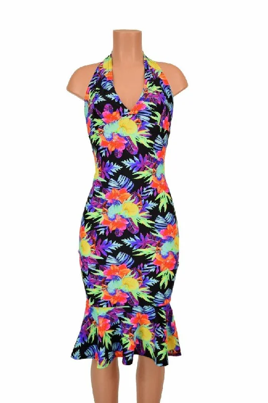 Sonic Bloom Ruffled Halter Wiggle Dress