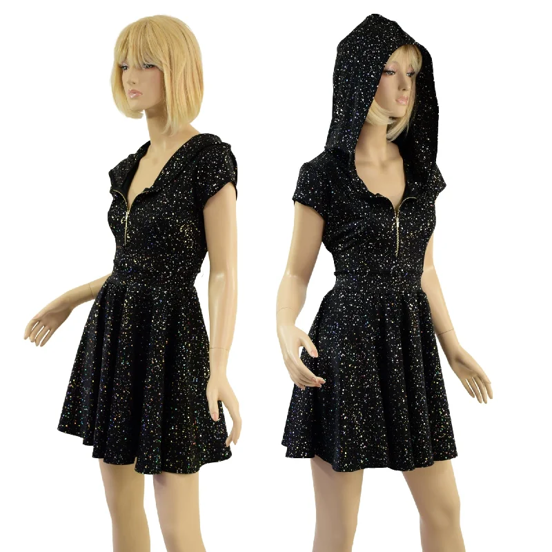 Star Noir Zipper Front Hooded Skater Dress with Cap Sleeves