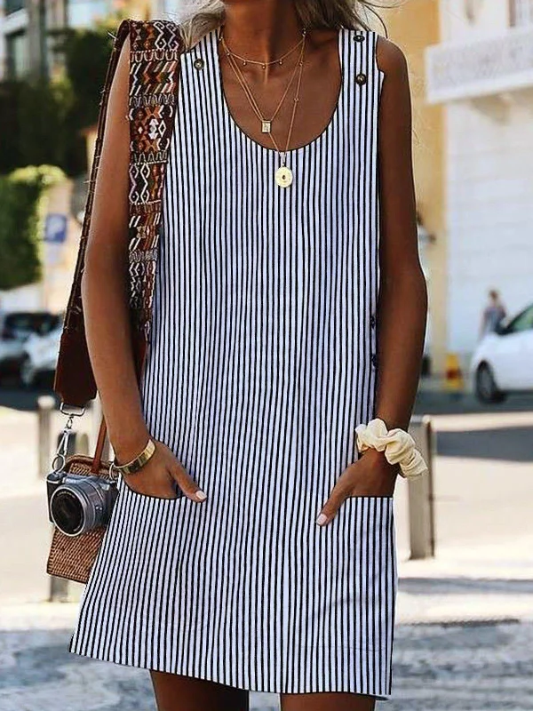 Striped Button Pocket Dress - Versatile Mid-length Skirt
