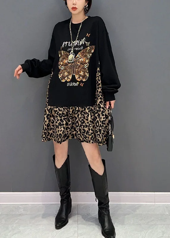 Style Black Oversized Patchwork Leopard Cotton Sweatshirt Dress Spring Hoodie with Slit Hem Functional Movement Style Black Oversized Patchwork Leopard Cotton Sweatshirt Dress Spring Hoodie with Slit Hem Functional Movement