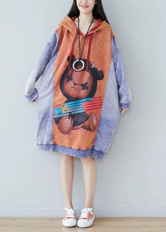 Style Orange Hooded Print Drawstring Fall Sweatshirts Dress Hoodie with Longline Fit Extended Stylish