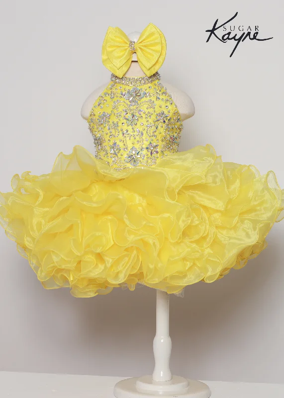 Sugar Kayne C223 Girls Baby Short ruffle Cupcake Pageant Dress Bow Halter Beaded Gown