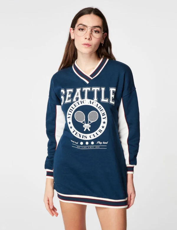Sweatshirt Dress Blue Hoodie with Hem Frayed Vintage Worn