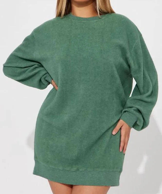 Sweatshirt Mini Dress In Grey Green Hoodie with Ribbed Neckline Snug Warm