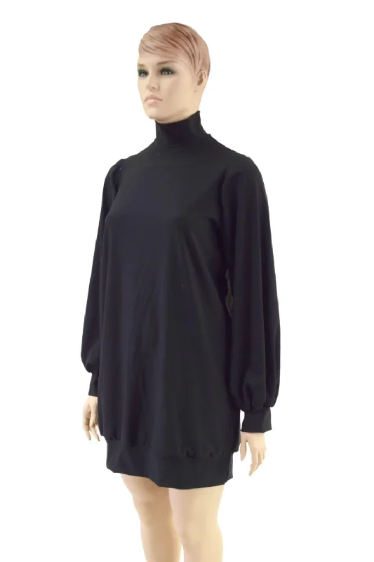 Sweatshirt Style Turtle Neck Mini Dress Hoodie with Hem Elastic Stretchable Comfortable Sweatshirt Style Turtle Neck Mini Dress Hoodie with Hem Elastic Stretchable Comfortable