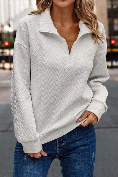 Textured Half Zip Dropped Shoulder Sweatshirt Hoodie with Front Slit Layering Stylish Textured Half Zip Dropped Shoulder Sweatshirt Hoodie with Front Slit Layering Stylish