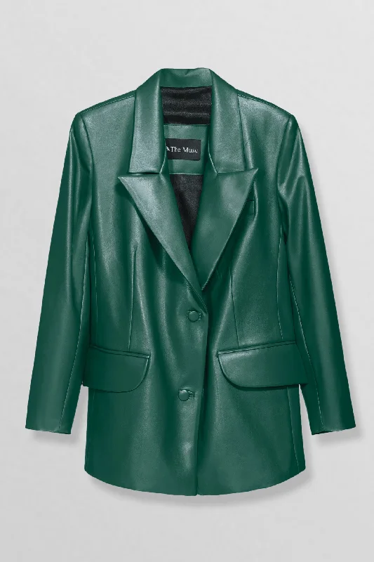 Vegan leather blazer in green Women's Simple Blazer