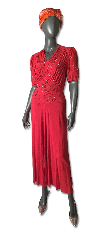 Red Crepe Sequined 1930s Gown