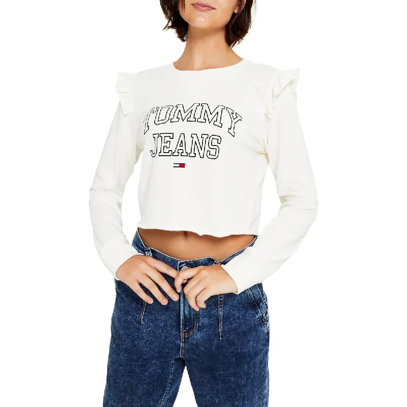 Tommy Jeans Womens Logo Ruffle Sleeve Pullover Top Boxy Neck Sweater