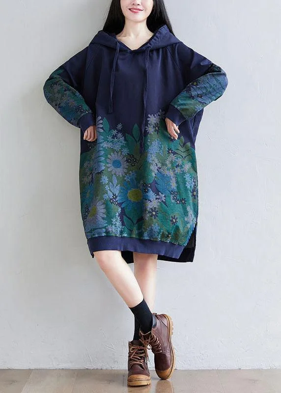 Trendy Navy Hooded Pockets Print Side Open Fall Sweatshirts Dress Hoodie with Mock Neck Collared Structured Trendy Navy Hooded Pockets Print Side Open Fall Sweatshirts Dress Hoodie with Mock Neck Collared Structured