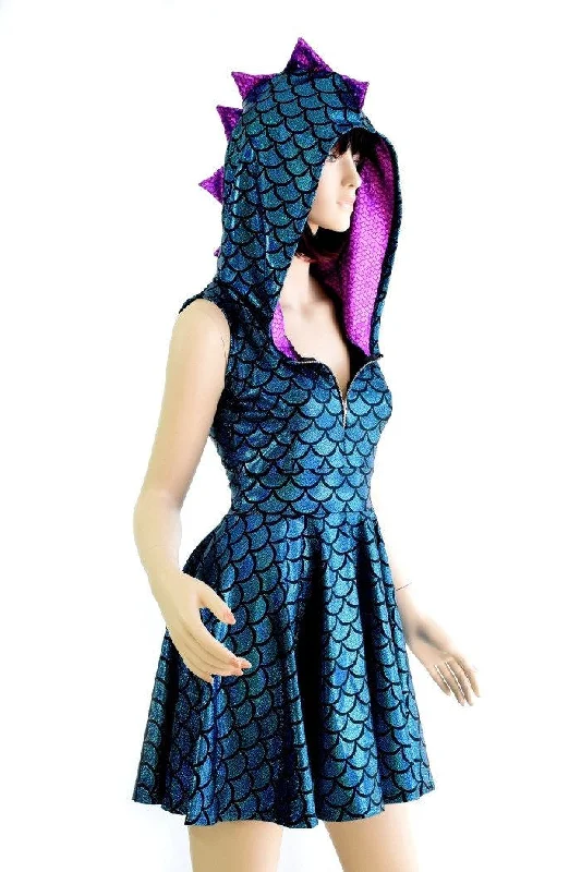 Turquoise Scale Zipper Front Skater Dress