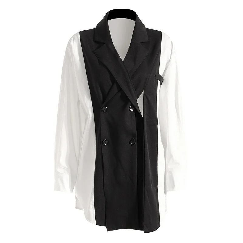 Unique Double Breasted Lapel Collar High Split Deconstructed Hybrid Blazer Shirt Women's Unique Blazer Unique Double Breasted Lapel Collar High Split Deconstructed Hybrid Blazer Shirt Women's Unique Blazer