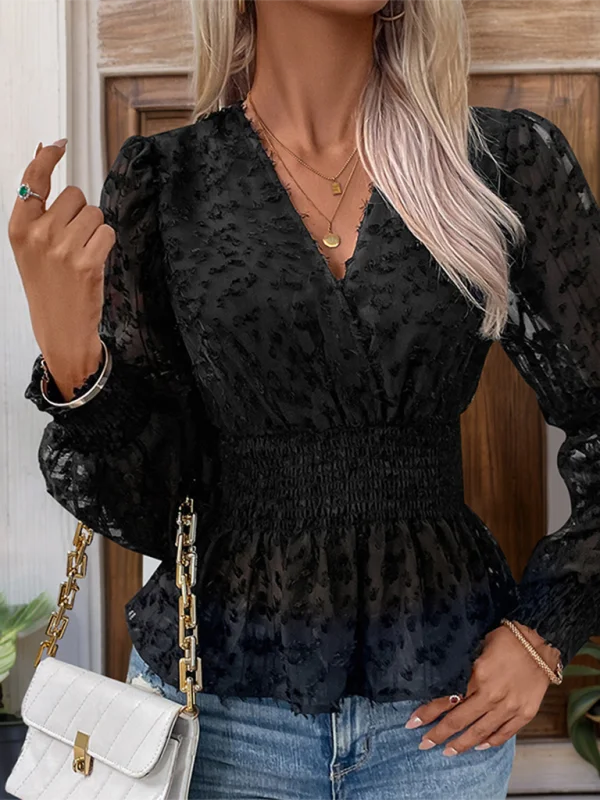 V-neck pullover long-sleeved mesh see-through shirt Over Sleeve Pullover