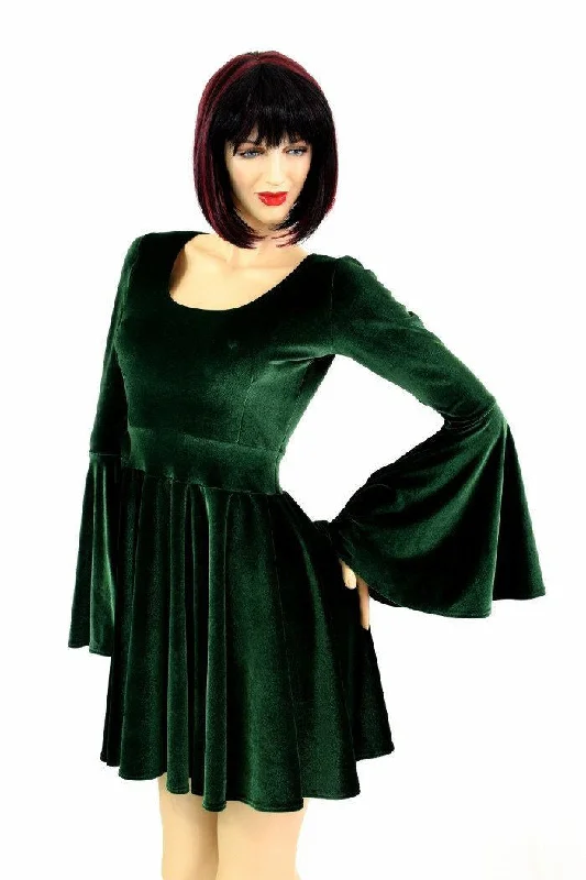 Green Velvet Trumpet Sleeve Skater Dress