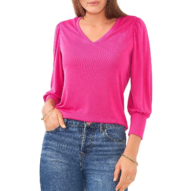 Vince Camuto Womens Ribbed V-Neck Pullover Top Surplice Neck Pullover