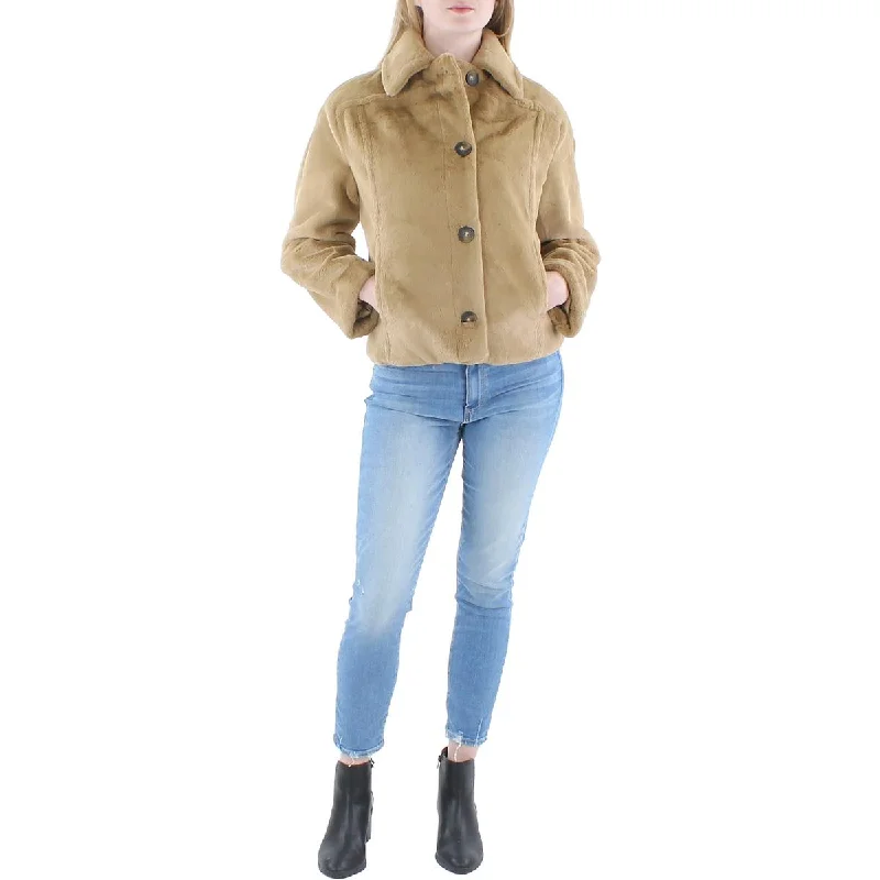 Vince Womens Faux Fur Cozy Trucker Jacket Fleece Fabric Down Fabric Feather Fabric
