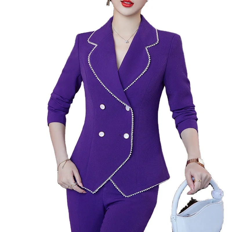 Wholesale High-quality Women Suits Dealers 2 Pieces Double Breasted Sets Fashion Office Lady Elegant Blazer and Flare Trouser Women's Elegant Suit