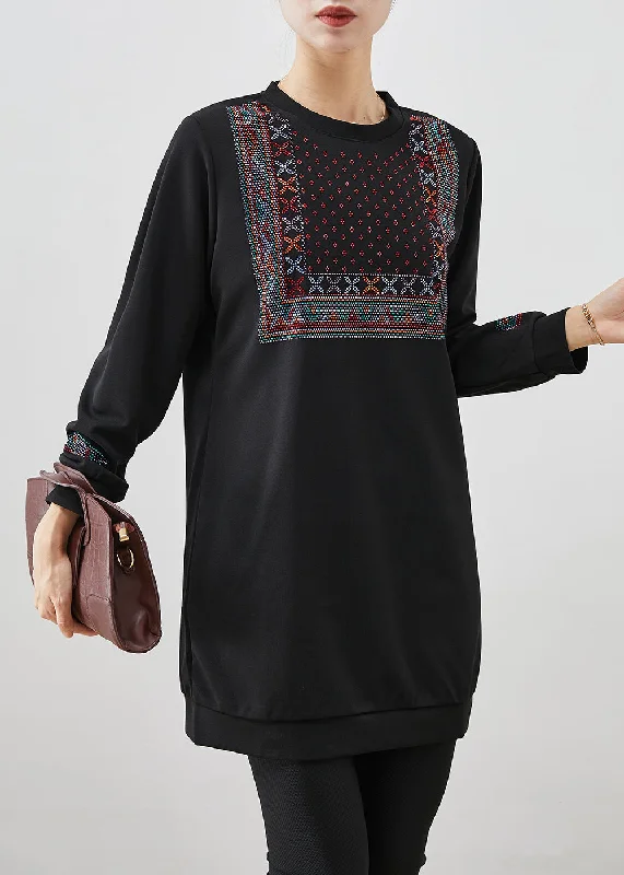 Women Black Oversized Zircon Cotton Sweatshirts Dress Fall Hoodie with Ribbed Cuffs Snug Fit Comfort Women Black Oversized Zircon Cotton Sweatshirts Dress Fall Hoodie with Ribbed Cuffs Snug Fit Comfort