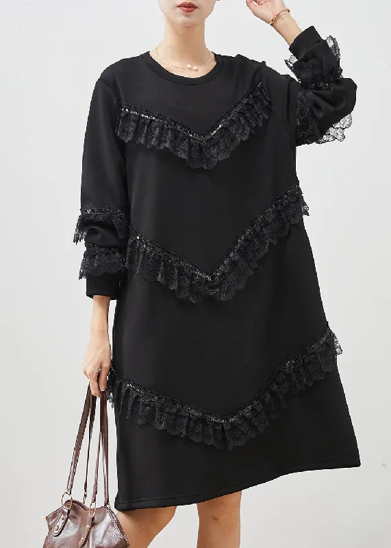 Women Black Ruffles Patchwork Cotton Sweatshirts Dress Spring Hoodie with Elastic Cuffs Stretchable Comfortable Women Black Ruffles Patchwork Cotton Sweatshirts Dress Spring Hoodie with Elastic Cuffs Stretchable Comfortable