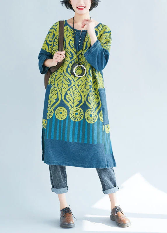 Women Blue O-Neck side open Print Sweatshirts dresses Spring Hoodie with Crew Neck Simple Timeless Women Blue O-Neck side open Print Sweatshirts dresses Spring Hoodie with Crew Neck Simple Timeless