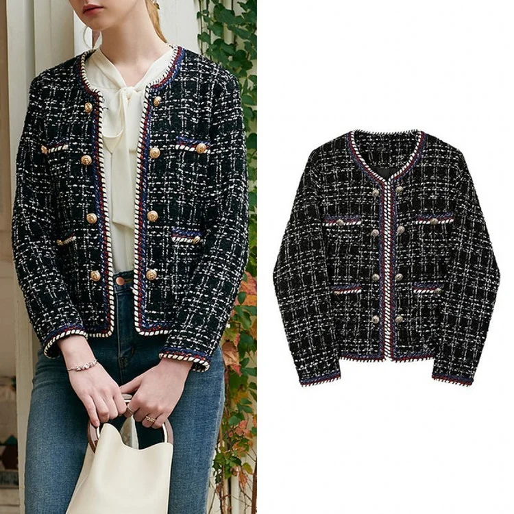 Women Chic Elegant Collarless Long Sleeve Tweed Blazer Coat Women's Professional Jacket Women Chic Elegant Collarless Long Sleeve Tweed Blazer Coat Women's Professional Jacket