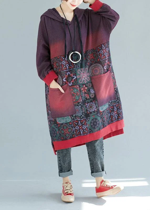 Women Mulberry Hooded Pockets Patchwork Print Fall Sweatshirts Dress Hoodie with Back Slit Movement Comfort Women Mulberry Hooded Pockets Patchwork Print Fall Sweatshirts Dress Hoodie with Back Slit Movement Comfort