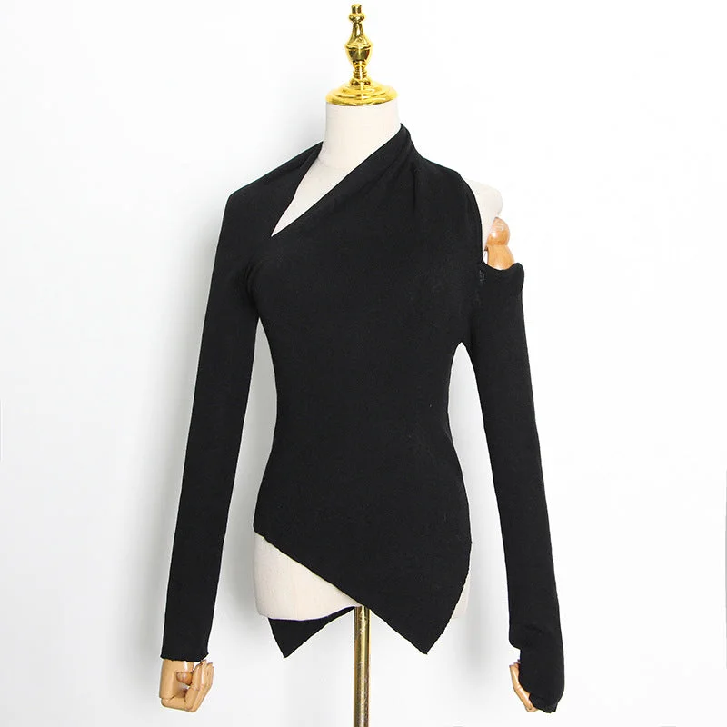 Women Sweater Asymmetry Shoulder Sweater Black White Vintage Sexy Irregular knitting Pullover 2022 New Halter Neck Top Women Sweater Asymmetry Shoulder Sweater Black White Vintage Sexy Irregular knitting Pullover 2022 New Halter Neck Top