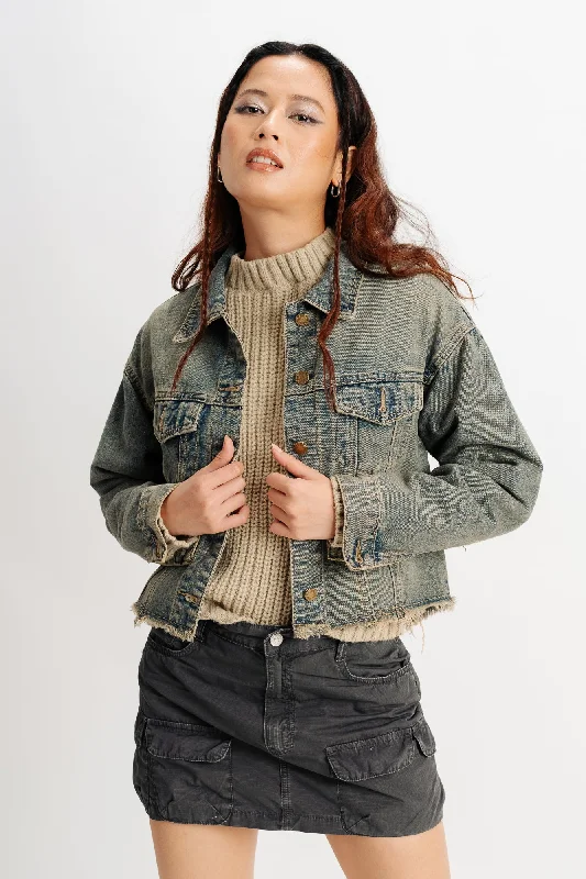 Vintage Frayed Denim Jacket Front Pockets Side Pockets Patch Pockets