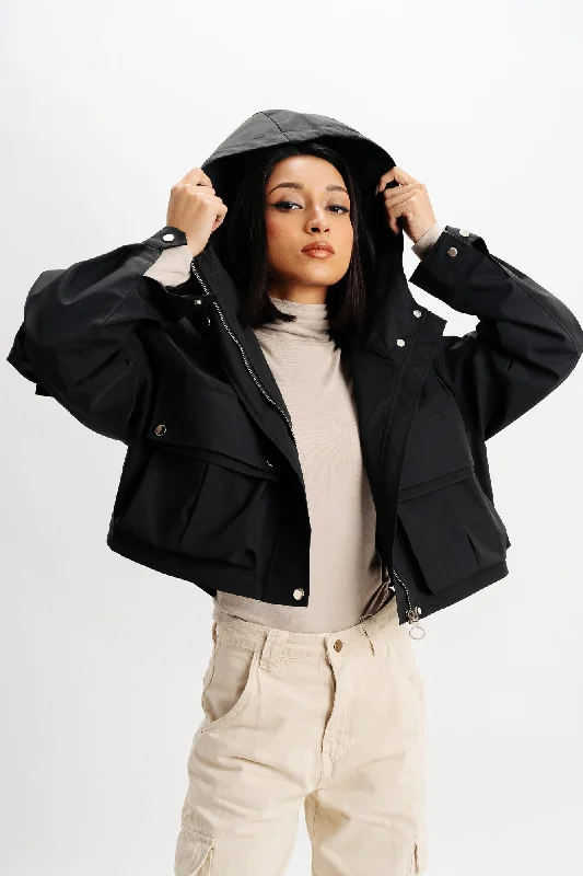 Black Hood Cargo Pocket Jacket Satin Fabric Silk Fabric Chiffon Fabric