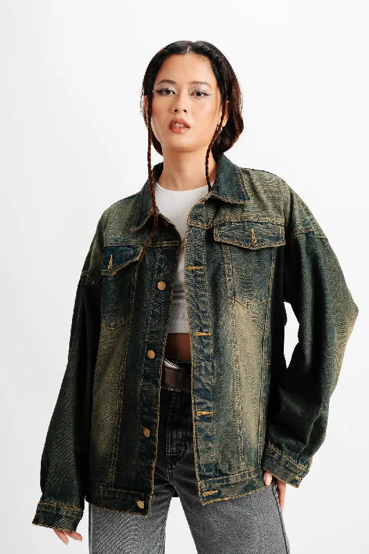 Blue Spread Collar Denim Jacket Tiered Jacket Buttoned Jacket Zippered Jacket