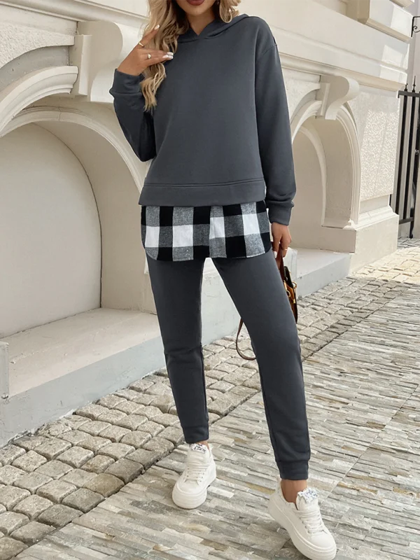 Women's Casual Contrast Plaid Hooded Sweatshirt with Cuffs and Trousers Set Hoodie with Zipper Placket Modern Functional Women's Casual Contrast Plaid Hooded Sweatshirt with Cuffs and Trousers Set Hoodie with Zipper Placket Modern Functional