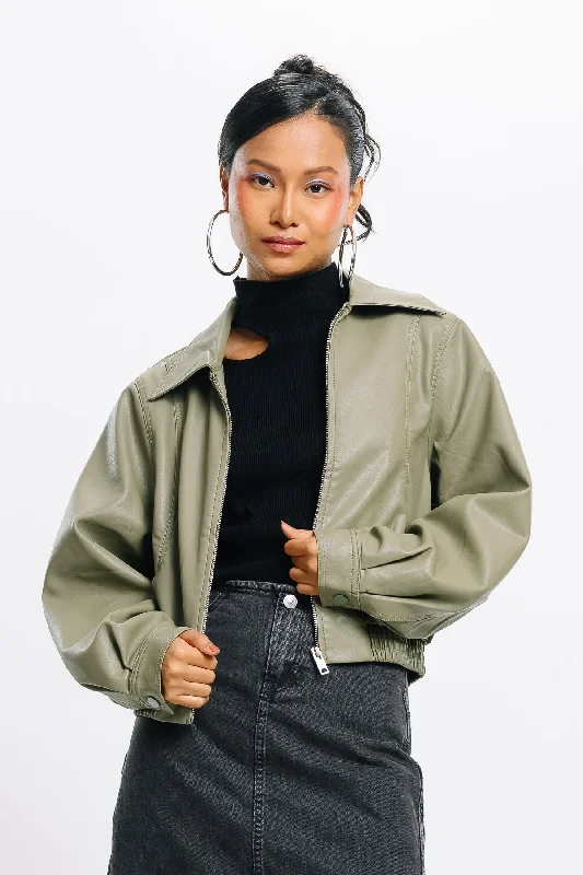 Matcha Addict Leather Jacket Denim Fabric Leather Fabric Suede Fabric