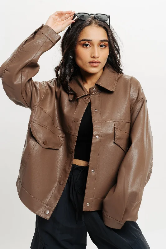 Brown Leather Jacket Collared Jacket Crew Neck Jacket Turtle Neck Jacket