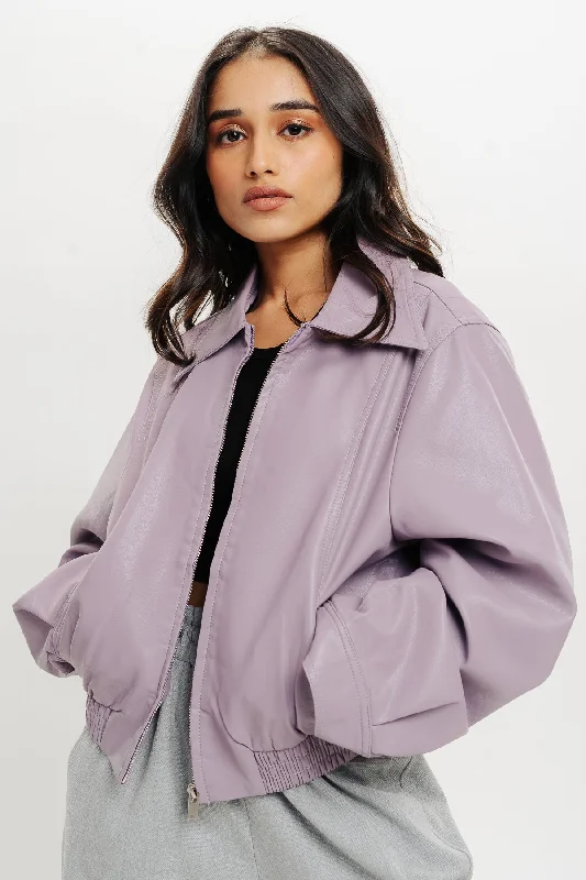 Lavender Leather Jacket Hooded Jacket Caped Jacket Shawl Collar Jacket