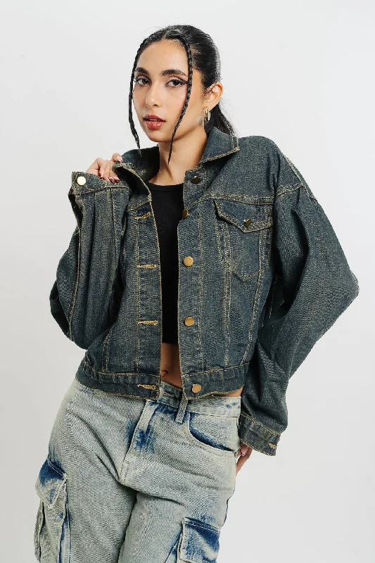 Dark Blue Denim Jacket A-Line Jacket Boat Neck Shawl Collar