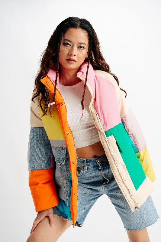 Multi Colorblock Long Sleeve Oversize Jacket Front Pockets Side Pockets Patch Pockets