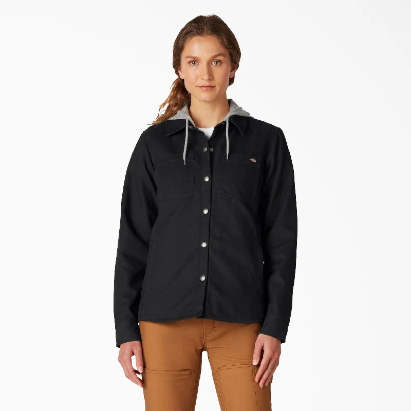 Women's Duck Hooded Shirt Jacket - Black Nylon Fabric Polyester Fabric Spandex Fabric Women's Duck Hooded Shirt Jacket - Black Nylon Fabric Polyester Fabric Spandex Fabric
