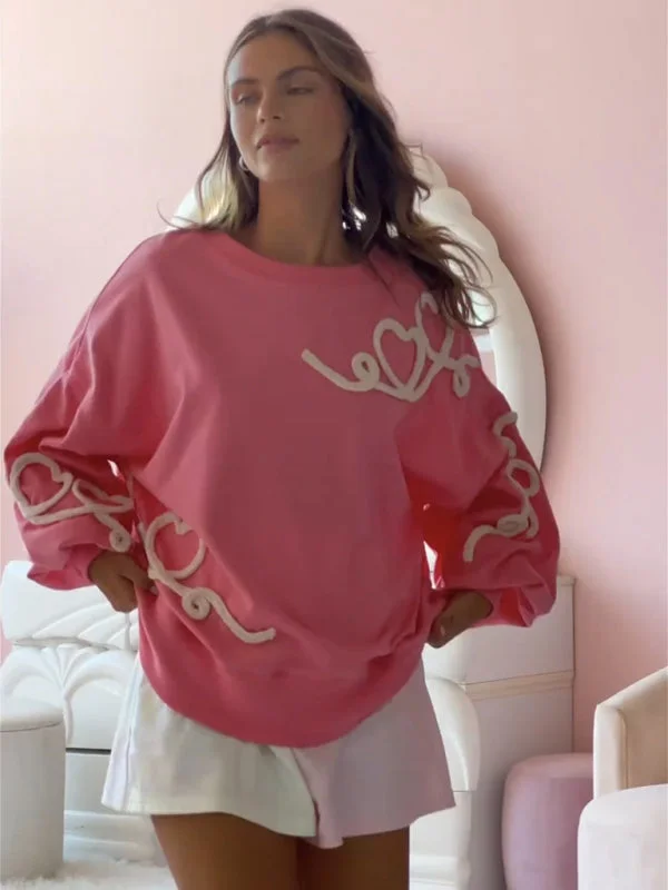 Women's Embroidered Heart XOXO Casual Loose Sweatshirt Hoodie Sweatshirt Pullover