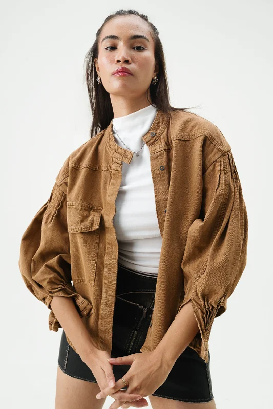 Ochre Brown Stylized Biker Jacket Boat Neck Shawl Collar Notched Collar