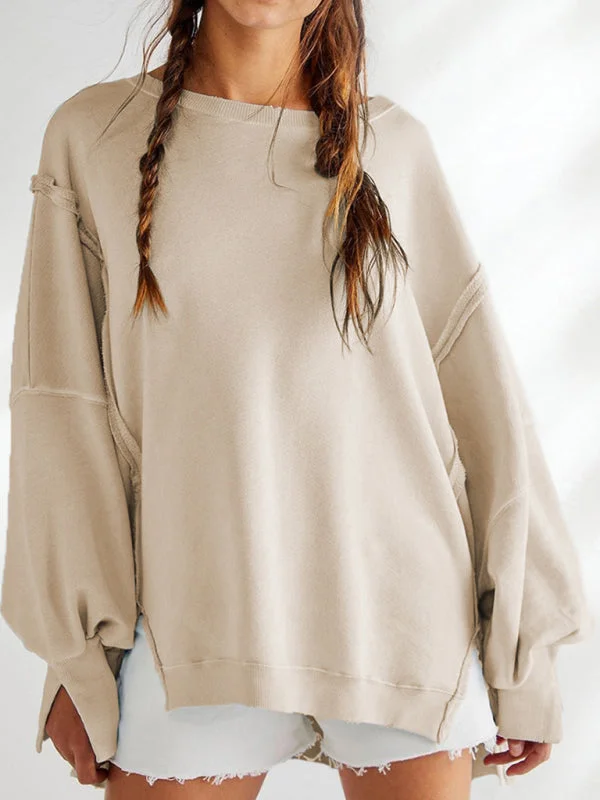 Women's Loose Round Neck Patchwork Sweatshirt Hoodie with Hem Contrast Bold Stylish