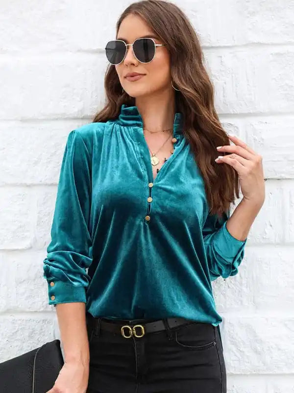 Women’s New Bottoming Shirt Fashionable Stand Collar Long Sleeve Pullover Solid Color Top Sarouel Sleeve Pullover
