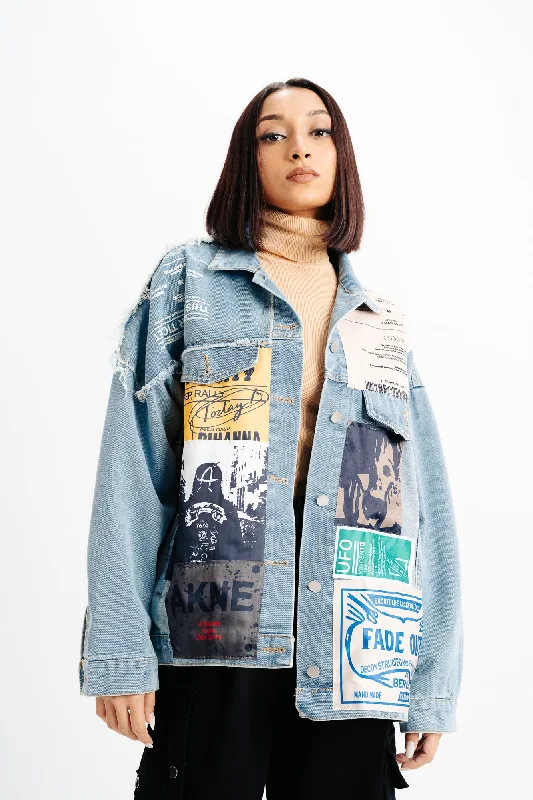 Patch Printed Blue Denim Jacket Knit Fabric Woven Fabric Fleece Fabric