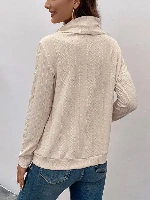Women’s pile collar textured pullover top Sheath Sleeve Elegant