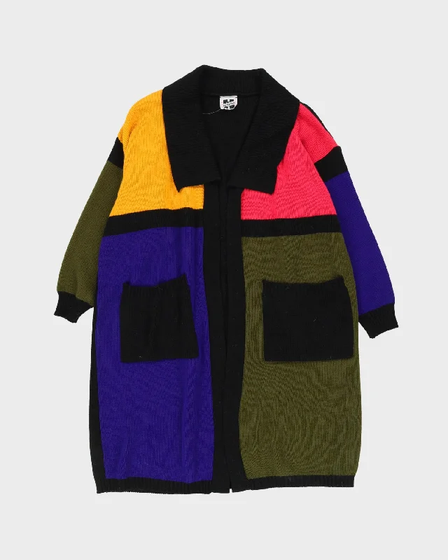 00s Block Color Long Knitted Cardigan - XXL Ribbed Striped Patterned